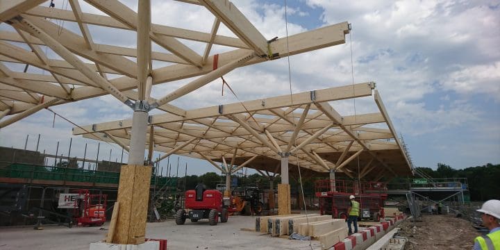 RHS Bridgewater Welcome Building makes progress as the Glulam roof goes up !